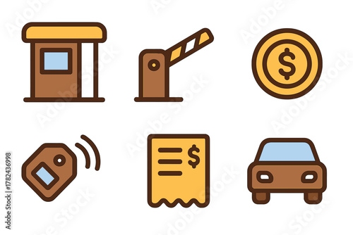 Parking lot tools and symbols illustrating the process of paying for parking and access