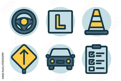 Driving symbols and icons illustrating learner driver information and road safety measures in a simple graphic design