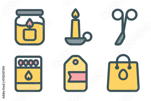 Collection of candle making supplies including a jar candle, a candle, scissors, matchbox, label, and shopping bag in bright colors