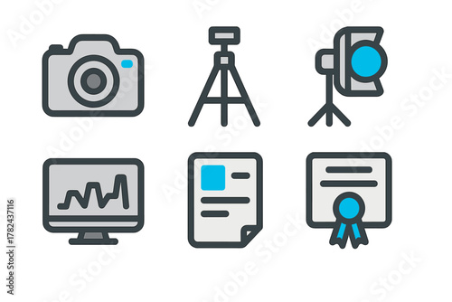 Camera, tripod, lighting setup, and computer graphic showcasing photography tools for aspiring photographers