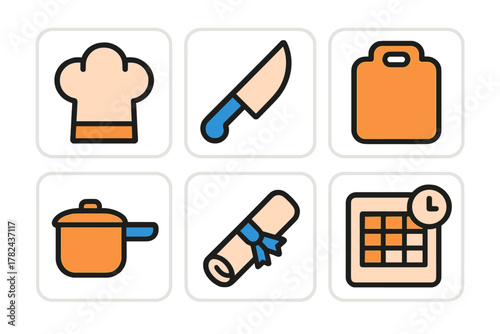 Cooking tools and symbols for meal preparation and planning in a simple design