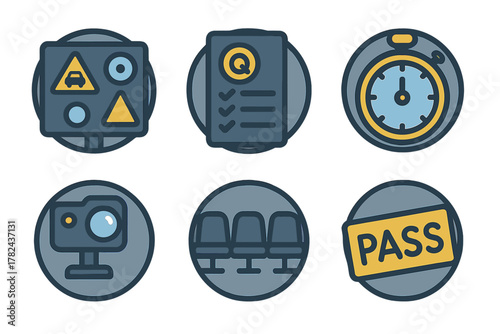 Traffic safety symbols and examination preparation icons arranged in a grid format highlighting important travel elements