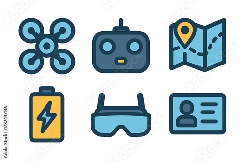 Various icons representing drone technology and associated activities for enthusiasts and beginners