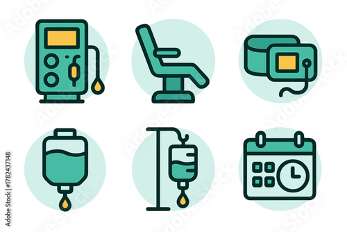 Medical equipment for blood donation and patient care displayed in a clean and organized layout