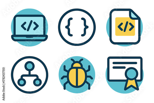 Coding icons featuring a laptop, code symbols, a document, a bug, a diagram, and a certification symbol