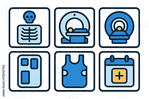 Visualization of medical imaging tools and symbols depicting skeletal structure and examination processes
