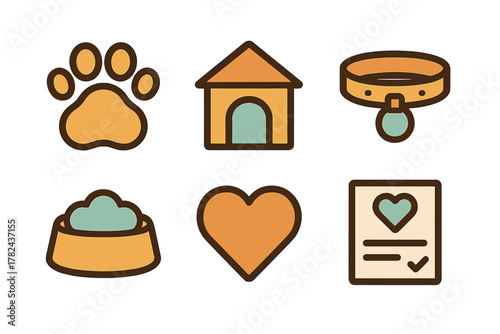 Icons representing pet care essentials like food, shelter, and love for animals in a simple and colorful design