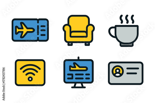 Travel essentials icons including plane ticket, coffee cup, and Wi-Fi symbol for a comfortable journey