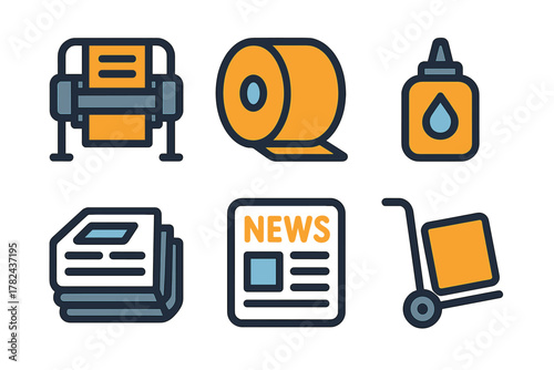 Office supplies including printer, rolls of tape, glue, and newspapers displayed on a flat surface