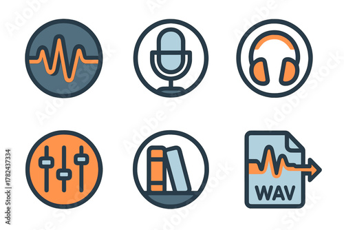 Creative audio icons showcasing sound waves, microphone, headphones, sound sliders, books, and WAV file illustration