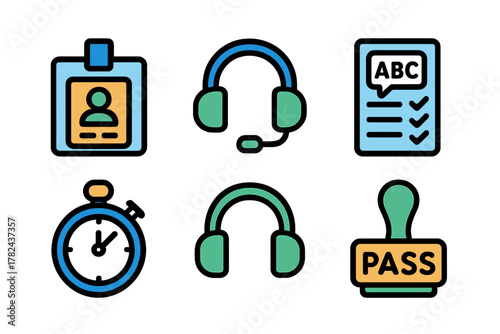 Icons representing various work elements such as identification badges, headsets, checklists, timers, and stamps used in professional environments