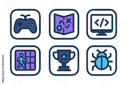 Icons representing gaming themes with controller, map, computer screen, and achievements displayed in six distinct squares