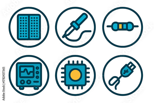 Variety of electronic components and tools displayed in simple icons for educational purposes