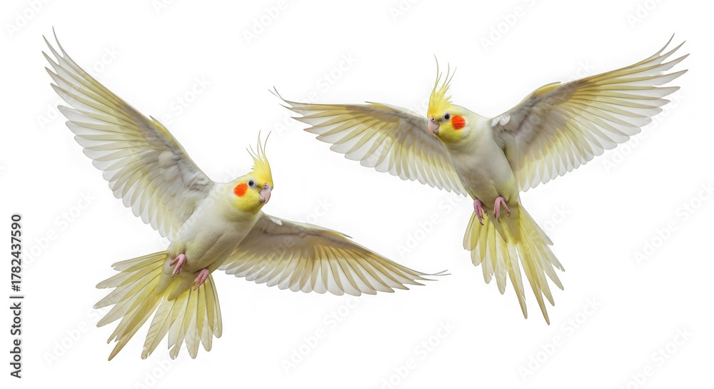 Obraz premium Pair of cream cockatiel parrots with orange cheeks flying high
