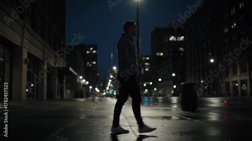 A person in a hoodie walks down an empty street at night, with streetlights illuminating the scene