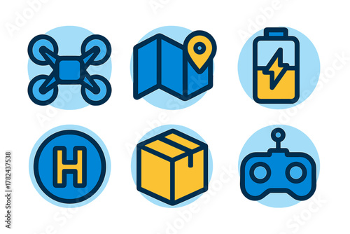 Icons representing drone operation, mapping, battery life, and gaming in a modern design