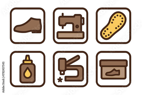 Icons representing various shoe repair tools and materials for effective shoe maintenance and crafting