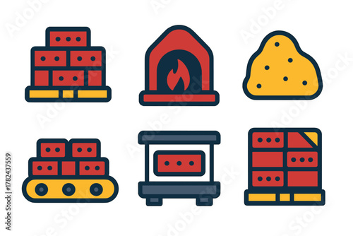 Illustrations of construction materials, tools, and a fireplace designed for a simple and modern style