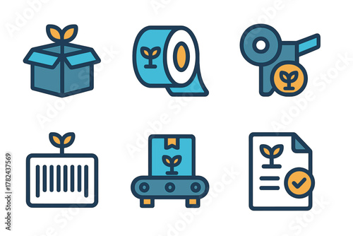 Modern packaging and labeling elements for sustainable product delivery including boxes, labels, and documents