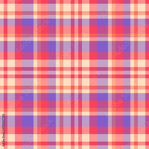 Plank check seamless background, pink plaid vector fabric. Multicultural tartan texture pattern textile in red and indigo colors.