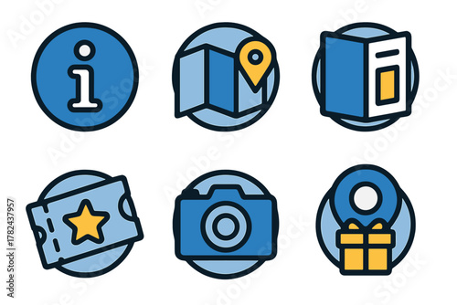 Icons representing travel activities and resources for tourists in a modern design