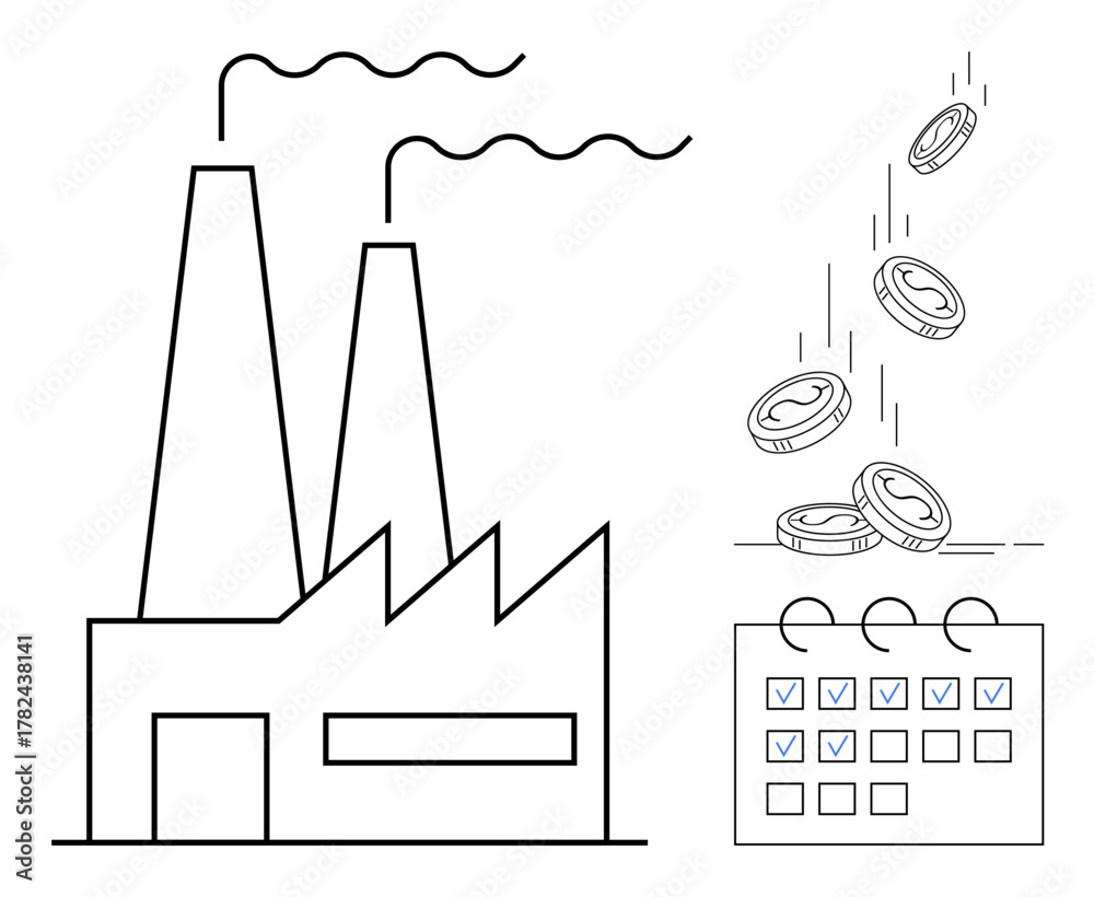 Fototapeta premium Industrial factory with chimneys and planning calendar alongside falling coins representing profits, productivity, and scheduling. Ideal for manufacturing, economy, time management, business