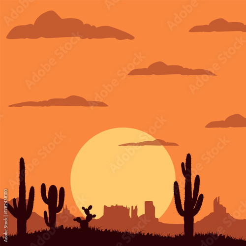Vibrant desert sunset illustration with silhouetted cacti and majestic mountains forming a stunning natural background