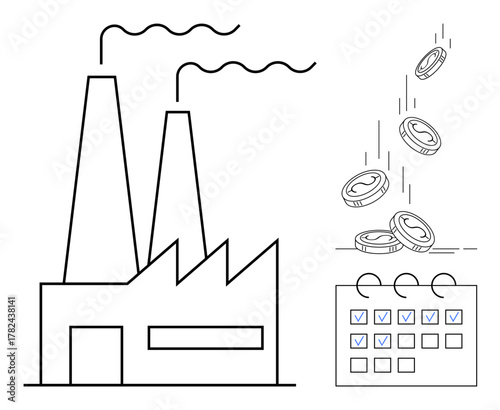 Industrial factory with chimneys and planning calendar alongside falling coins representing profits, productivity, and scheduling. Ideal for manufacturing, economy, time management, business