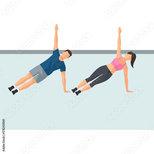Two people in side plank pose with arms raised doing exercise.