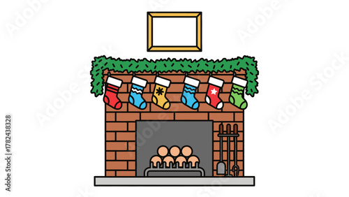 Festive Christmas fireplace with hanging stockings and garland illustration.