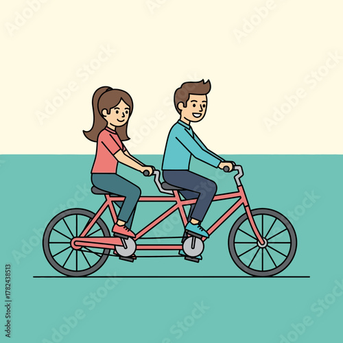 Couple riding a tandem bicycle together smiling enjoying the ride.