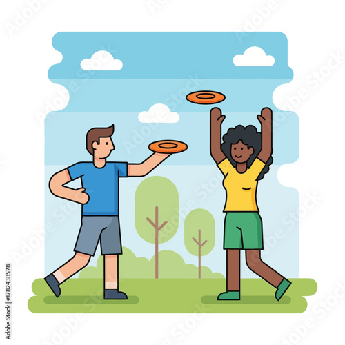 Two people playing with frisbees outdoors trees and sky visible.