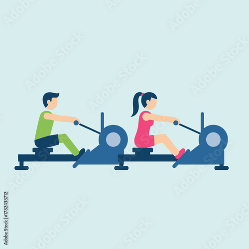 Man and woman exercising on rowing machines fitness activity workout illustration.