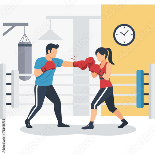 Two people are boxing in a ring with a punching bag nearby.