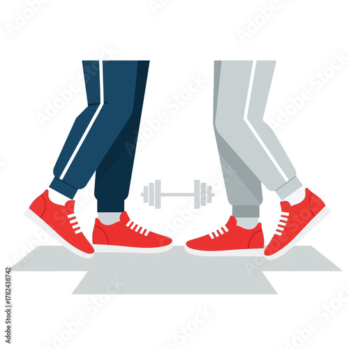 Two people stand apart maintaining social distance wearing red shoes.