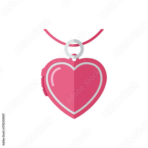 Pink heart shaped locket necklace with silver ring and red string.