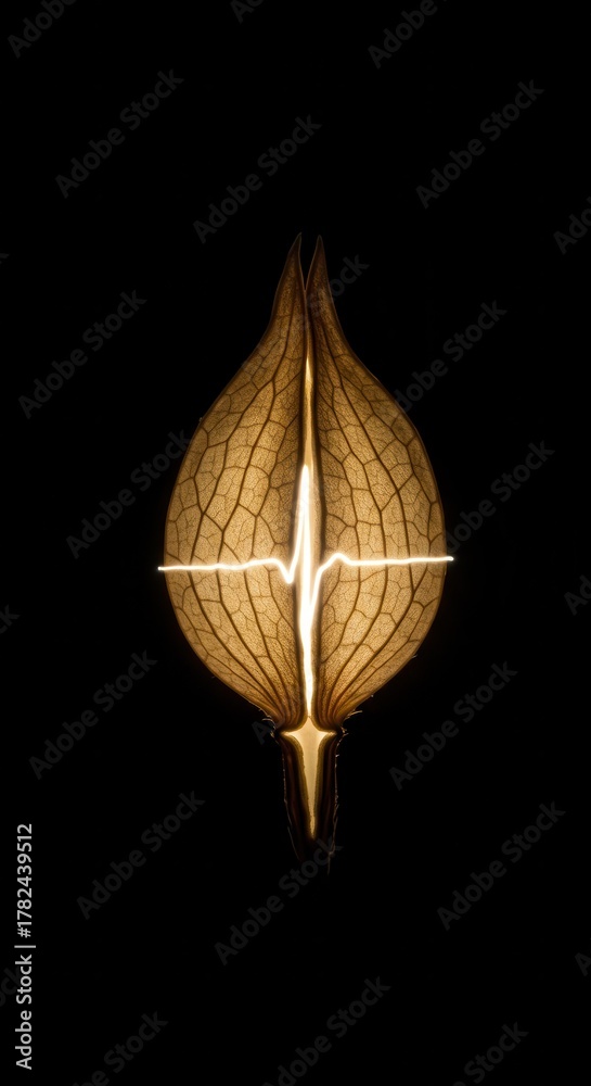 Obraz premium Illuminated skeletal plant pod displays a glowing central line resembling a cardiac rhythm.