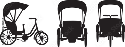 Cycle rikshaw silhouette icon set front, side, and back view vector illustration