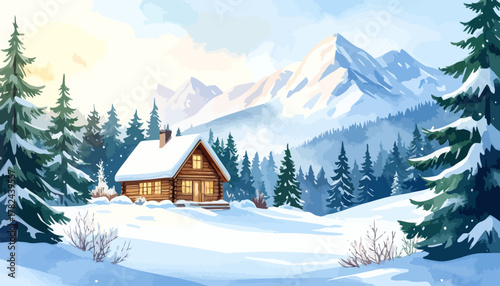 Cozy wooden log cabin with warm glowing windows in the snow.