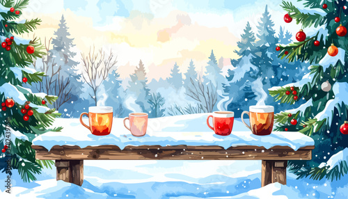 Winter Warmth - Mugs on Snowy Bench in Christmas Forest.