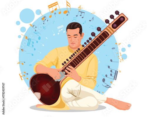 Classical Indian Musician Playing the Sitar, Indian Classical Instrumental Music