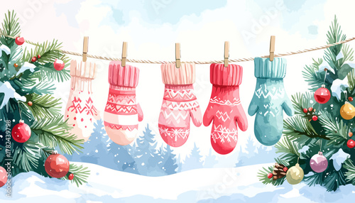 Colorful knitted Christmas mittens hanging on a clothesline.