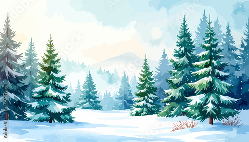 Snow covered evergreen trees in a winter wonderland landscape.