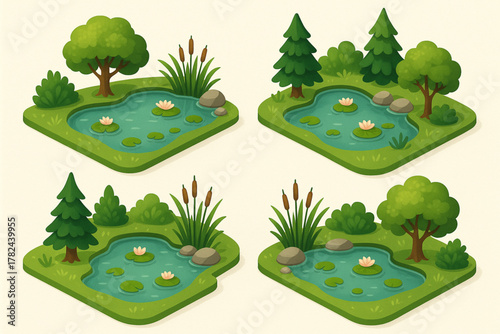 Isometric Pond Scenes – Flora & Trees for Nature Design Projects