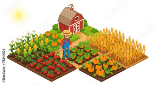 Isometric Farming Concept – Cartoon Farmer Tending Diverse Crops