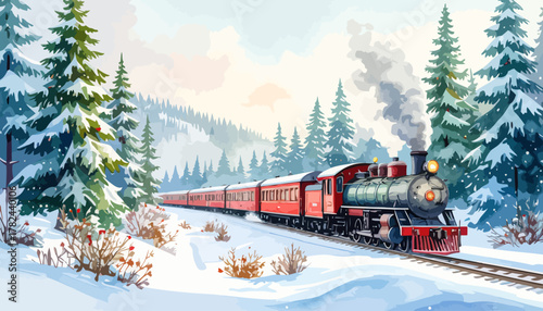 Classic red steam locomotive train traveling on railway tracks.