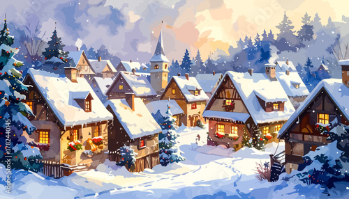 Snow covered village houses with Christmas decorations and trees.