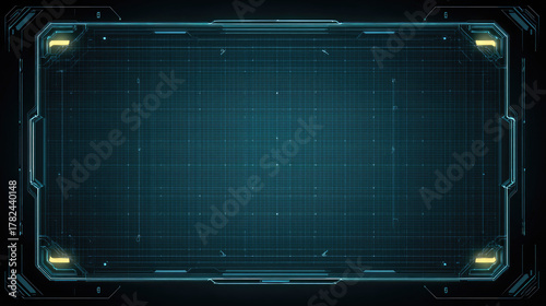 Futuristic blue HUD panel with glowing grid and corner lights