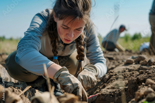 Archaeologist Carefully Excavating Fossilized Artifact Bones Skeletons in Field, Generative AI