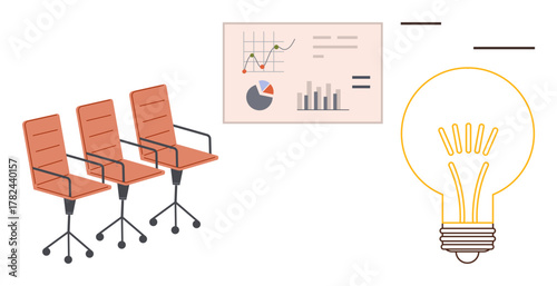 Three office chairs beside a data board with graphs and charts, paired with a glowing bulb. Ideal for collaboration, brainstorming, workplace, creativity, analytics, productivity teamwork. A simple